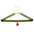 Green velvet Christmas choker with red bell charms and adjustable gold-tone chain - Christmas Bell Style (Dark Green)