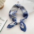 Modern blue and white striped cotton-linen small square scarf tied in a knot style - Blue