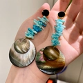 2506131 Blue Beaded Round Shell Earrings (s925 Silver Needle)