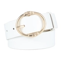 Slim white PU leather belt for women featuring a gold round buckle with butterfly relief - White+Gold Buckle