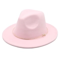 Detailed close-up of pink felt fedora hat with gold metal ring and bead decoration - M (56-58cm) / Pink
