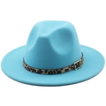 Detailed view of sky blue wool fedora with leopard print band and golden buckle - M (56-58cm) / Lake Blue
