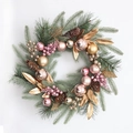 Artificial Christmas wreath with pink baubles, golden leaves and natural pine cones - Luxury Pink Gold Ornament Style (H3149)