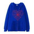 Blue zip-up hoodie featuring a large red heart spider web graphic print in a loose fit - Royal Blue (Red Spider Web Heart)