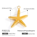 Golden stainless steel starfish pendant accessory with dimensions and weight specs - PJ92131-Gold Curved Starfish