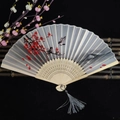 Traditional Chinese folding fan with red plum blossoms and birds on silk fabric - Slight Fragrance and Sparse Shadows (Heat Transfer)