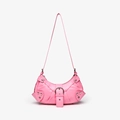 Pink faux leather underarm bag with crocodile texture, metal ring buckles and silver rivets - Pink