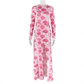 Detail van de hoge voorsplit op bloemen maxi-jurk met slanke taille en lange mouwen - S / Roze