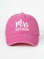 Front view of pink washed cotton baseball cap featuring Mrs EST. 2026 white printed text - Adjustable / MRS / Rose Red