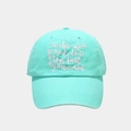 Close-up of white motivational embroidery and floral detail on mint green washed cotton cap - Adjustable / Light Blue