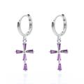 Silver S925 cross hoop earrings featuring vibrant purple step-cut gemstones - Purple Silver