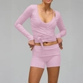 Roze geribbelde yogaset met wikkeltop met lange mouwen en bijbehorende shorts - S / Roze
