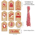 50-piece Christmas kraft paper gift tag set with 10 festive designs and cotton ropes - 50 Tags + 50 Red & White Cotton Ropes