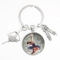 Silver ballet keychain with dancer silhouette, pointe shoes, and art glass charm - Vintage Oil Painting Style