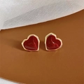 Elegant gold-plated heart stud earrings with deep red enamel on brown leather - Dark Red Heart Style (1614)