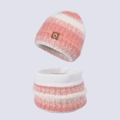 Set berretto e sciarpa in maglia rosa e bianco con fodera in pile e logo in pelle marrone - Rosa