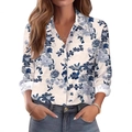 Women's long sleeve lapel shirt featuring white fabric with blue floral print pattern - S / White