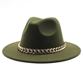 Detailed shot of olive green felt fedora hat with a thick decorative gold chain link - Army Green