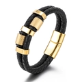 Pulsera de hombre en cuero trenzado negro con anillos dorados y cierre magnético - Dorado