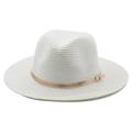Detail of white fedora straw hat with champagne gold leather band and metal buckle - M (56-58cm) / Pure White
