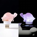 Pink crystal turtle USB night light with gold foil accents and purple glowing effect - Rose Quartz
