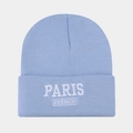 Macro detail of Paris French embroidery on a light blue knitted beanie hat fold - One Size / Light Blue