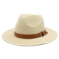 Chapeau Panama classique en paille blanche avec ruban en cuir marron et rivets argent - M (56-58cm) / Poche zippée