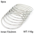Lot de 9 bracelets joncs en acier argenté de 73mm de diamètre et 3mm d'épaisseur - Style Ensemble de 9 Pièces Argenté (KB183011-LO)
