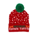 Red Christmas knit beanie with green pompom and Official Cookie Tester text - Hat Style 62 (Red COOKIE TESTER)