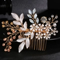 Detail of handmade bridal hair comb with gold wires, white enamel leaves and crystals - Gold Enamel Petal Hair Comb (HS-J4217G)