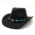 Classic black wool fedora cowboy hat with ethnic style turquoise bead band and wide brim - M (56-58cm) / Black