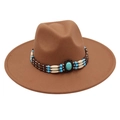 Détail d'un chapeau fedora marron avec ruban ethnique perlé et pierre turquoise - Taille unique / Khaki (Khaki 9.5cm [Bead Band])