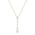 Dettaglio collana a Y dorata con pietre di zircone e pendente di perla a goccia - Collana In Zirconia Perlata (Oro)