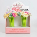Bulk set of 32 floral rose silicone gel pens in a pink display box with mixed colors - Narcissus-Black Ink