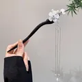 Vintage ebony wood hair stick with white flower, butterfly and long pearl tassels - 68# White Jade Flower Tassel