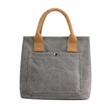 Casual grey canvas tote bag with brown handles, stylish women handbag for daily use. - Gray