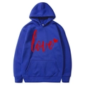 Blue Valentine's Day hoodie featuring red love text and heart print on white background - S / Tops / Blue