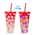 710ml Halloween cold-sensitive color-changing plastic cup with heart pattern and straw - 701-800ml / Valentine (Colorful Hearts)