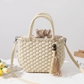 Bolso de mano de paja tejida beige con borla de cuentas de madera y bandolera - Beige