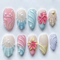 Handmade press-on nails set featuring ocean shells, pearls, and hibiscus flower designs - K085【24pcs】 / Boxed (jelly Gel + Granules)