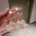 Elegant drop earrings featuring a white stud, golden teardrop frame, and pink fabric flowers - Pearl Stud Beige Flower Cluster / Beige Flower (925 Silver Pin)