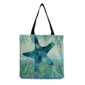 Foldable canvas tote bag featuring a blue and green starfish print on wave patterns - Deep Blue Starfish and Seaweed Pattern (hm4539b)