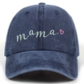 Washed cotton baseball cap in navy blue with green mama embroidery and a pink heart - Navy Blue - Single Heart