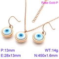 Rose gold titanium steel jewelry set featuring blue evil eye necklace and earrings - Circular Rose Gold Style (KS118303-K)