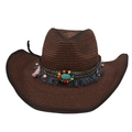 Brown straw cowboy hat with bohemian beaded band and turquoise stone in center - Coffee (Ethnic Style)