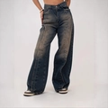 Vintage wash blue low-rise wide-leg flared jeans with patchwork and worn-out details - S / Dark Blue