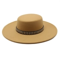 Detail of camel wool felt boater hat with black leather strap and gold square metal studs - M (56-58cm) / Camel