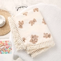 Detail of soft cotton baby blanket with teddy bear print and tassels on a plush chair - Double Bears