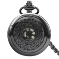 Vintage black quartz pocket watch featuring an intricate hollowed floral design and chain - Shiny Black - Precision Hollow