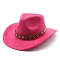 Hot pink faux suede cowboy hat with a brown studded leather band on white background - M / Rose Red